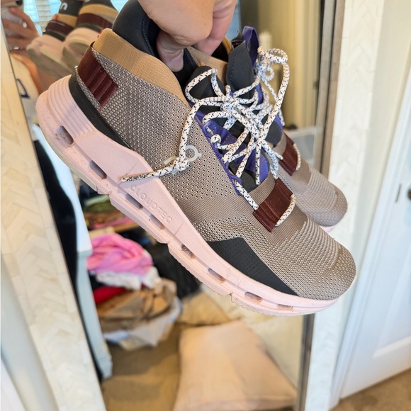 On Running Cloud Cloudnova Sneakers in Tan, Black & Purple Pink Accents - Picture 7 of 10